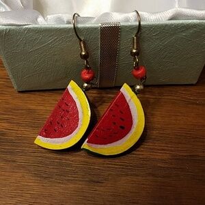 *A Watermelon Earrings Red, Yellow, Green Colors, Like New Condition